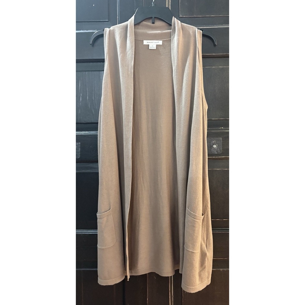 August Silk Longline Duster Cardigan Vest Sleeveless Sweater Pockets Beige M